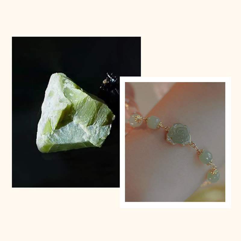 Fortune Jewel 14K Gold Plated Hetian Jade Rose Flower Luck Chain Bracelet