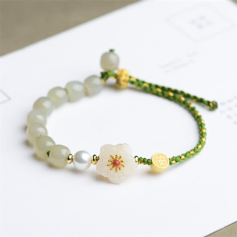 Fortune Jewel 925 Sterling Silver Natural Hetian Jade Peach Blossom Luck Bracelet