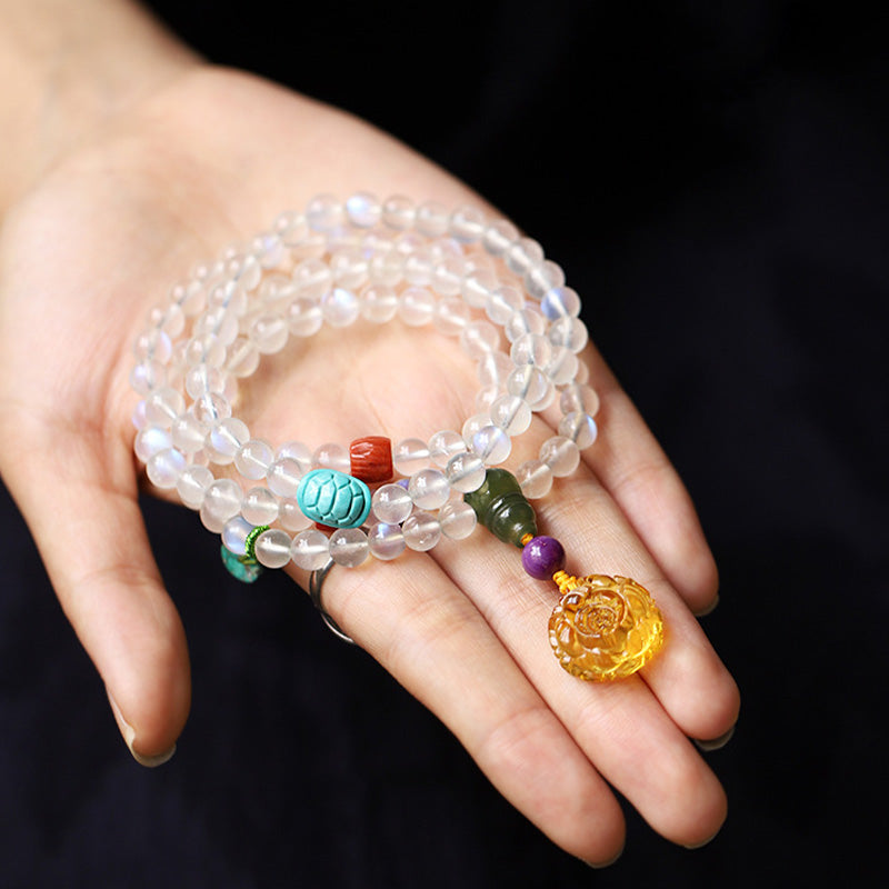 Fortune Jewel 108 Mala Beads Moonstone Amber Lotus Turquoise Crystal Healing Bracelet