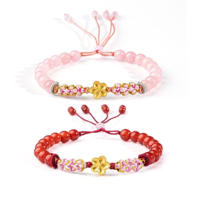 Fortune Jewel 999 Sterling Silver Natural Red Agate Pink Crystal Cherry blossom Bracelet