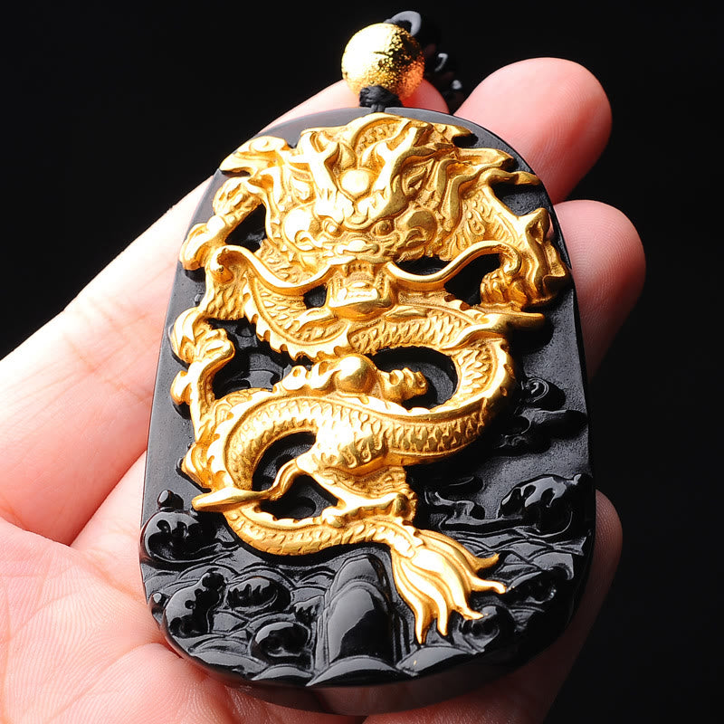 Fortune Jewel 18k Gold-plated Dragon Obsidian Lucky Pendant Necklace