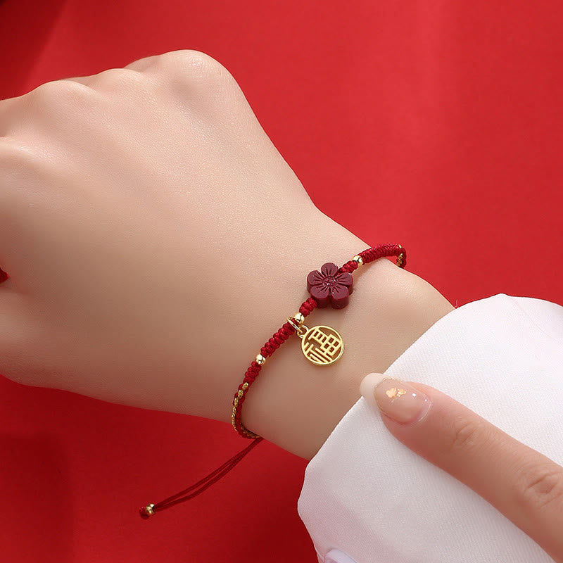 Fortune Jewel Cinnabar Flower Fu Character Blessing Braided String Bracelet