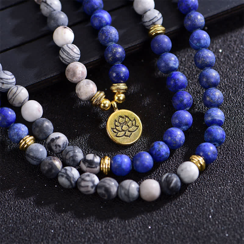 Fortune Jewel Lazurite Picasso Jasper Amazonite Rhodonite Apatite Positive Lotus Prayer Bead Bracelet
