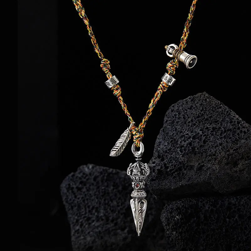Fortune Jewel Tibetan Handmade 925 Sterling Silver Dorje Vajra Om Mani Padme Hum Feather Strength Necklace Pendant Fortune Jewel