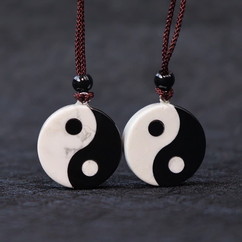 Fortune Jewel Natural Black Obsidian White Turquoise Yin Yang Fulfilment Strength Necklace Pendant