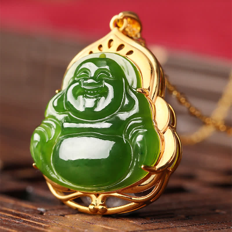 Fortune Jewel 925 Sterling Silver Natural Hetian Cyan Jade Laughing Buddha 18K Gold Healing Necklace Chain Pendant Fortune Jewel