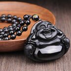 Fortune Jewel Laughing Buddha Black Obsidian Transformation Pendant Necklace