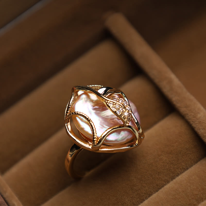 Fortune Jewel Pearl Copper Plated Gold Flower Happiness Wealth Ring