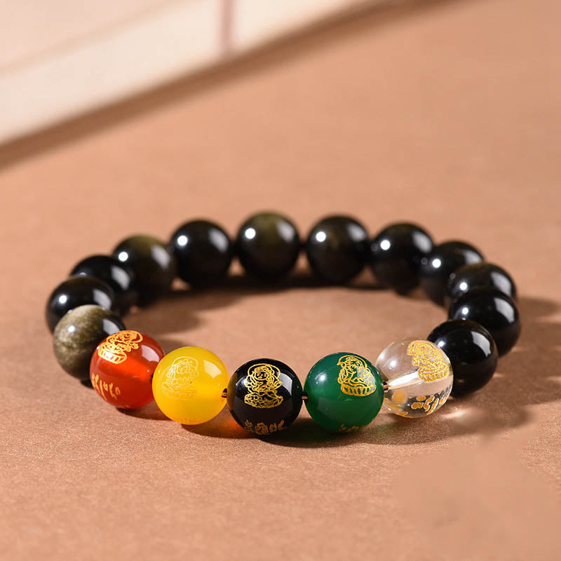 Fortune Jewel Gold Sheen Obsidian Rainbow Obsidian Black Obsidian Five Directions Gods of Wealth Bracelet