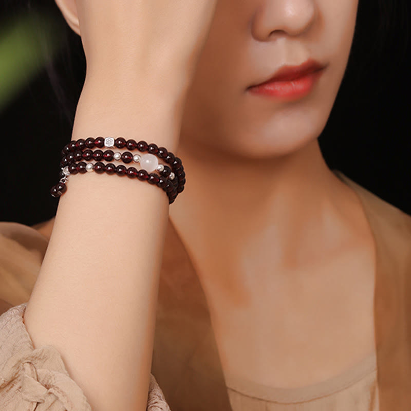 Fortune Jewel 925 Sterling Silver Natural Garnet Cat Eye Protection Triple Wrap Bracelet