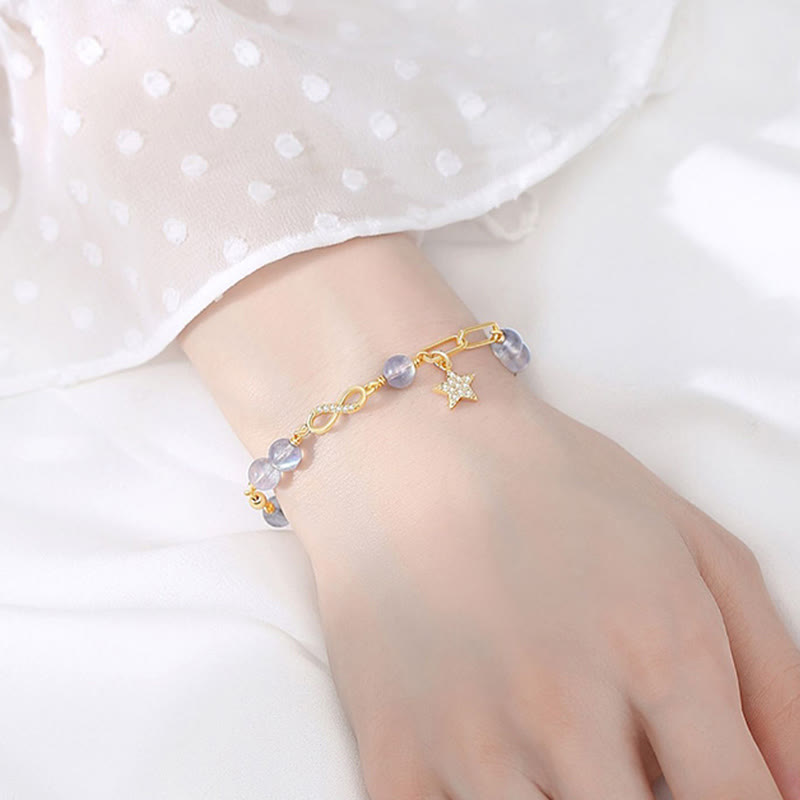 Fortune Jewel 14K Gold Plated Natural Strawberry Quartz Moonstone Möbius Loop Eternal Love Star Positive Bracelet