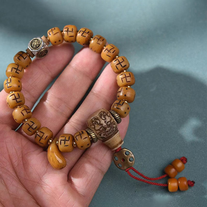 Fortune Jewel Natural Tibetan Camel Bone Swastika Dzi Bead Shankha Buddha Charm Kirtimukha Luck Protection Tassel Bracelet