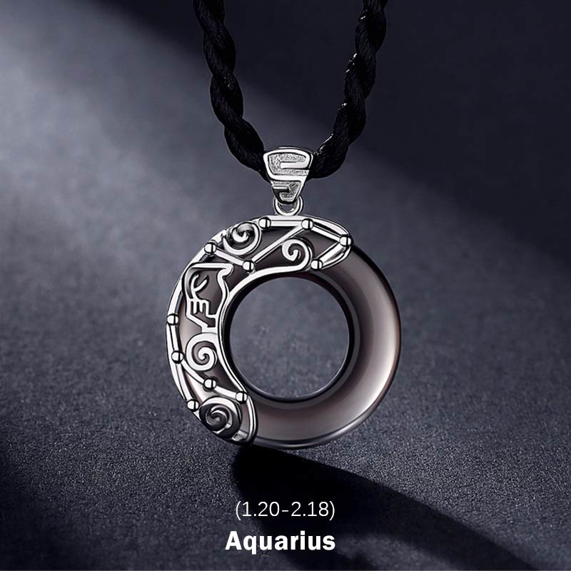 Fortune Jewel 12 Constellations of the Zodiac Ice Obsidian Blessing Round Pendant Necklace