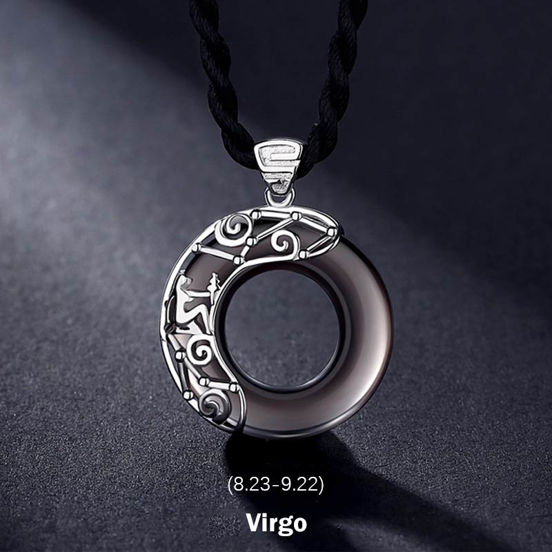 Fortune Jewel 12 Constellations of the Zodiac Ice Obsidian Blessing Round Pendant Necklace