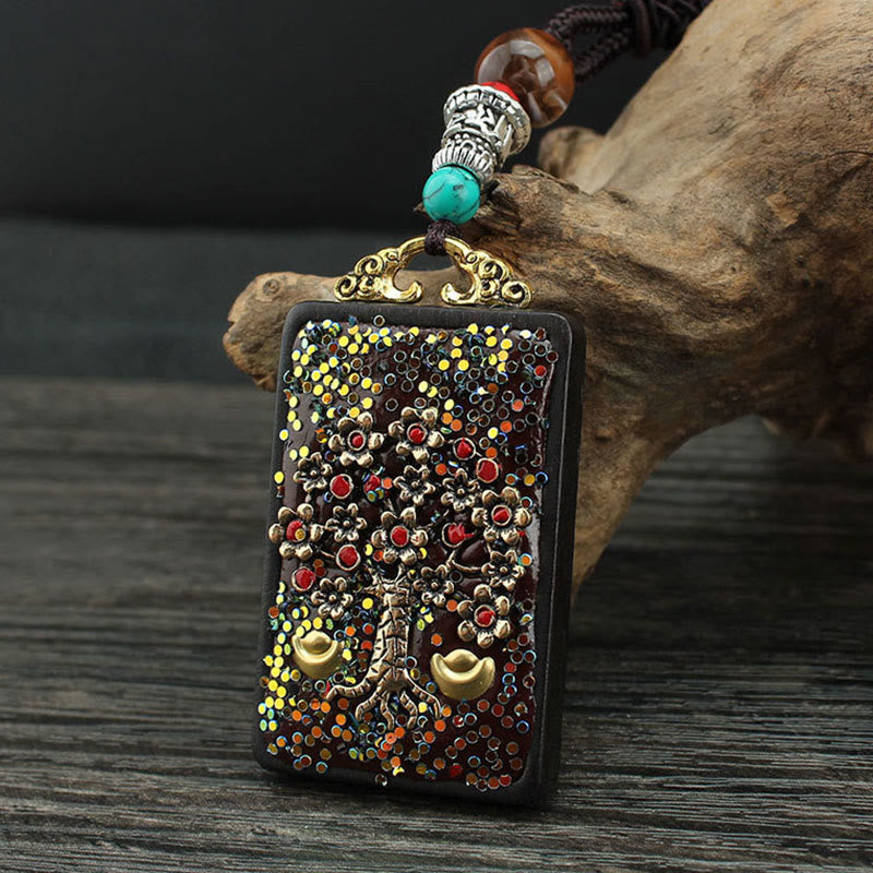 Fortune Jewel Tibet God Of Wealth Money Tree Golden Phoenix Thangka Ebony Peace Necklace Pendant