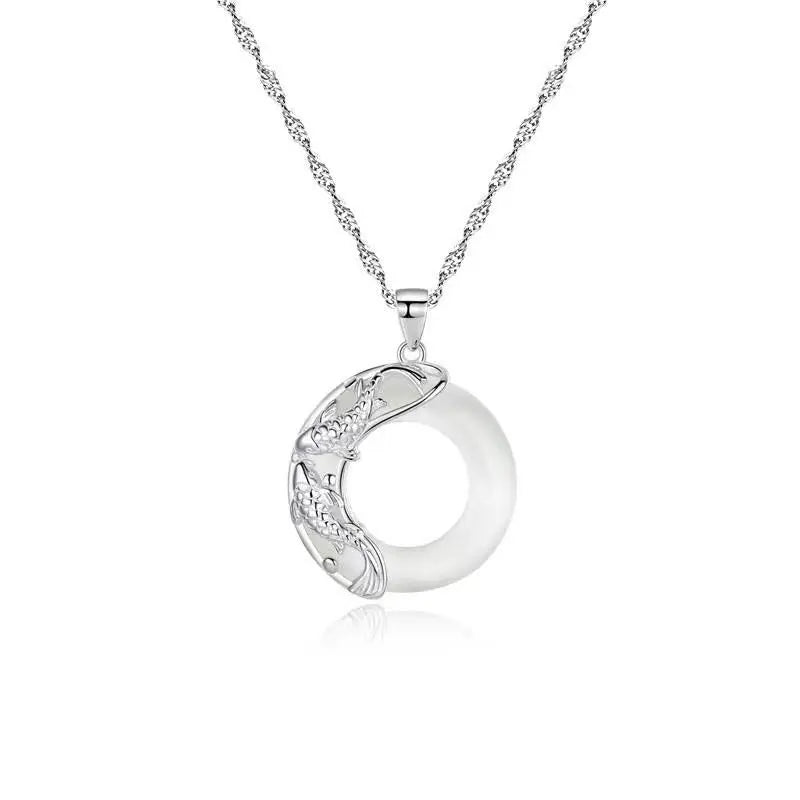 Buddha Stones "Wishing Luck and Prosperity" White Jade Koi Fish Necklace Includes Gift Message Card Fortune Jewel