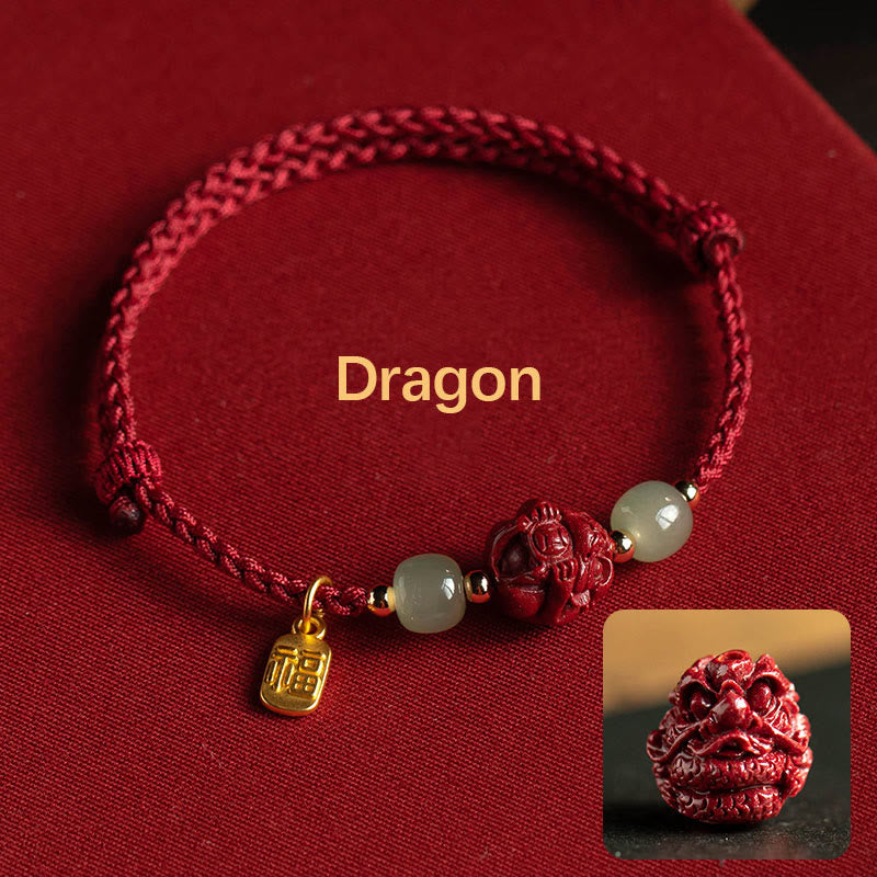 Fortune Jewel Natural Cinnabar Chinese Zodiac Hetian Jade Fu Character Luck Rope Bracelet