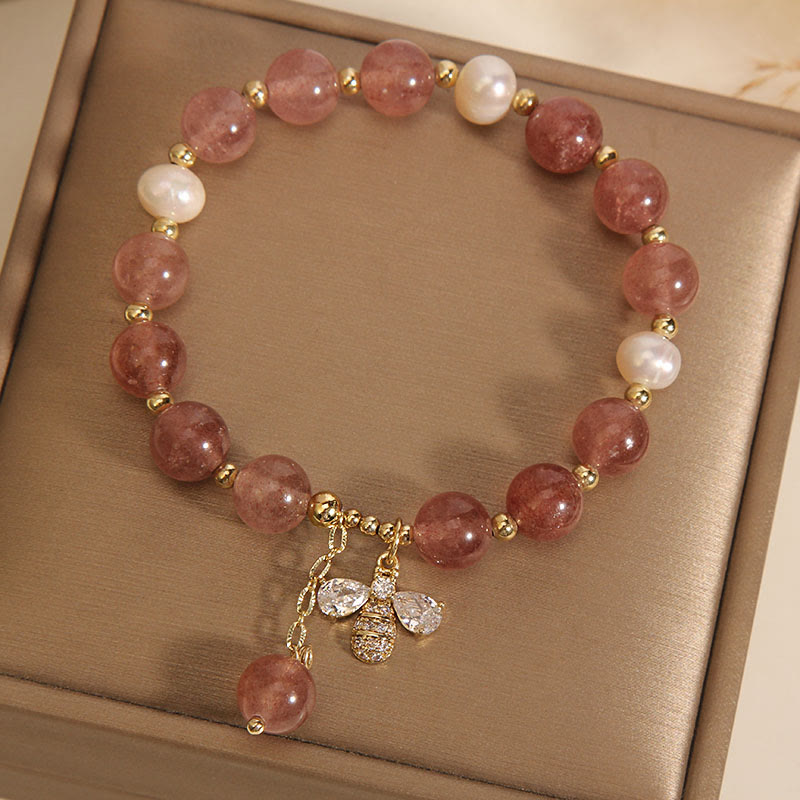 Fortune Jewel Strawberry Quartz Pearl Cute Zircon Honeybee Positive Charm Bracelet