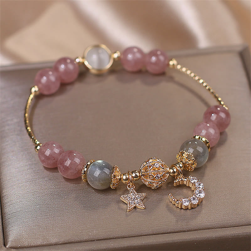 Fortune Jewel Strawberry Quartz Moonstone Moon Star Love Bracelet