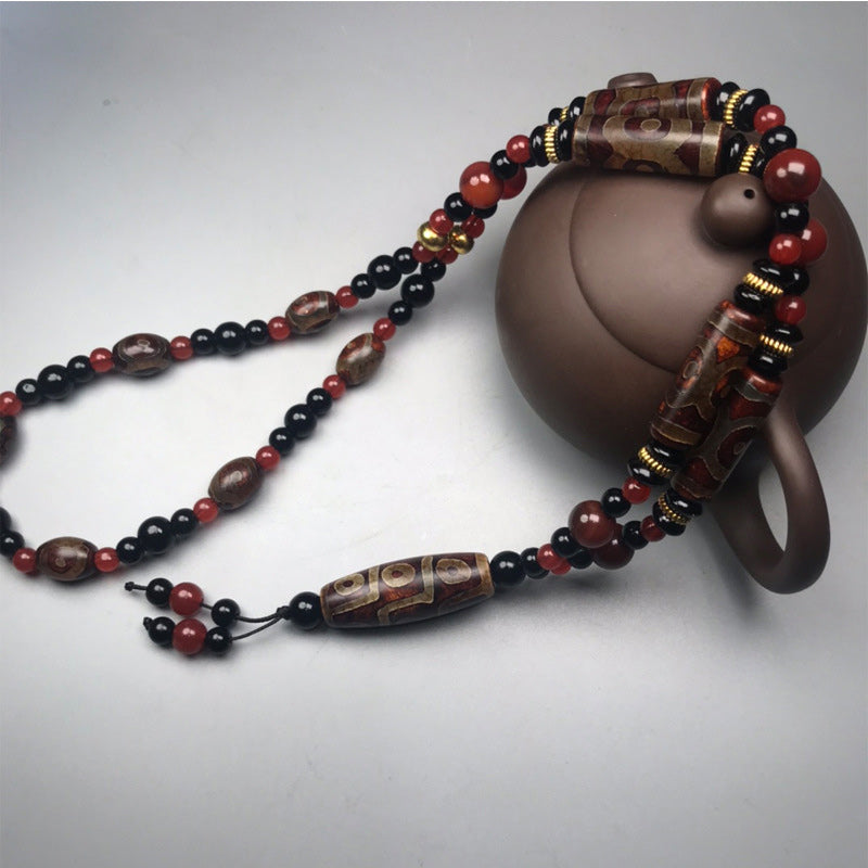Fortune Jewel Nine-Eye Dzi Bead Red Agate Wealth Health Necklace