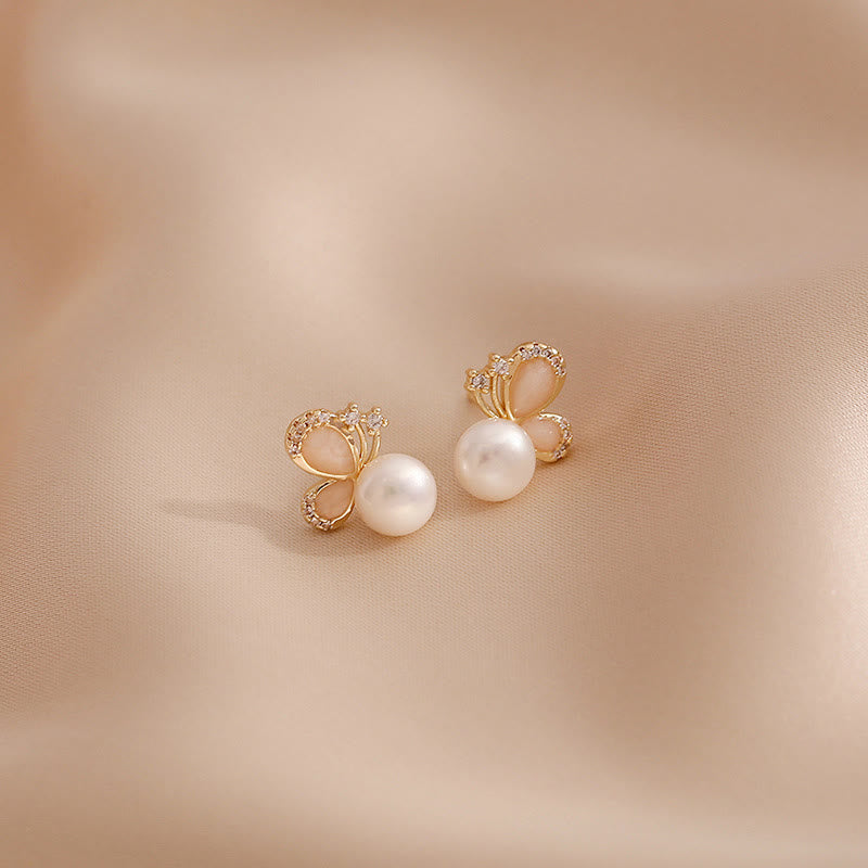 Fortune Jewel 18k Gold Plated Pearl Butterfly Love Freedom Stud Earrings