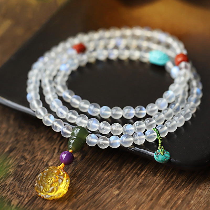 Fortune Jewel 108 Mala Beads Moonstone Amber Lotus Turquoise Crystal Healing Bracelet