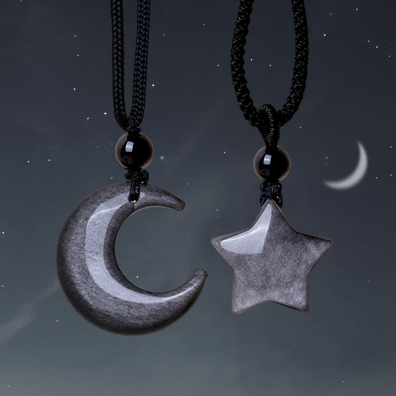 Fortune Jewel Natural Silver Sheen Obsidian Star Crescent Moon Protection Necklace Pendant