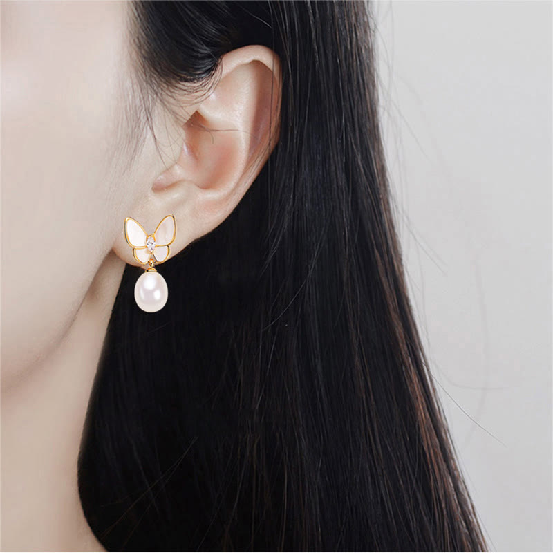 Fortune Jewel 925 Sterling Silver Posts 18K Gold Plated Copper Pearl Butterfly Optimism Stud Earrings