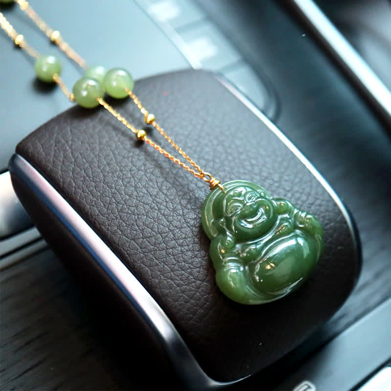 Fortune Jewel Laughing Buddha Hetian Jade Luck Necklace Bead Chain Pendant Fortune Jewel