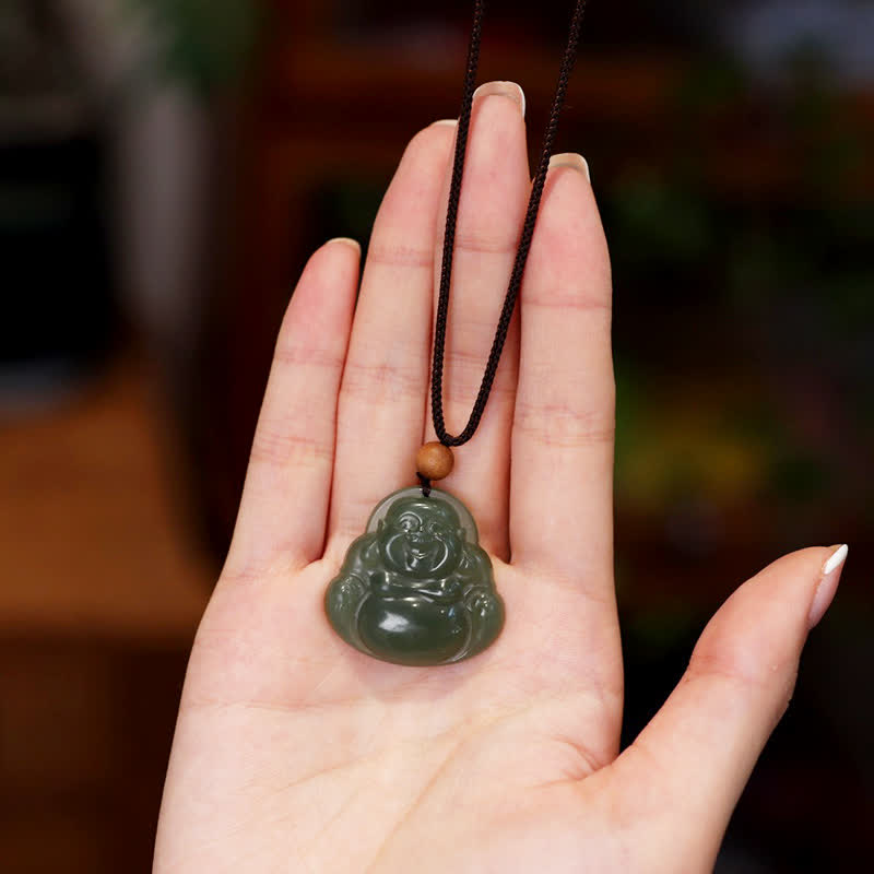 Fortune Jewel Laughing Buddha Hetian Jade Healing Calm Necklace String Pendant Fortune Jewel
