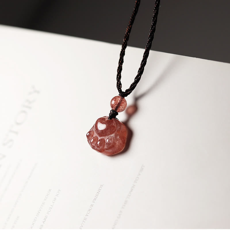 Fortune Jewel Strawberry Quartz Lovely Cat Paw Claw Healing Necklace Pendant
