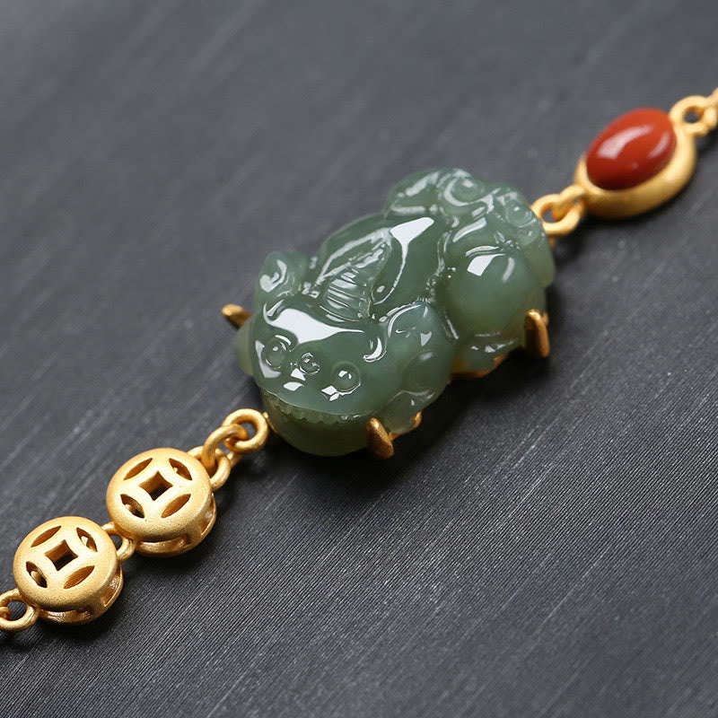 Fortune Jewel Cyan Jade PiXiu Copper Coin Red Agate Success Chain Bracelet