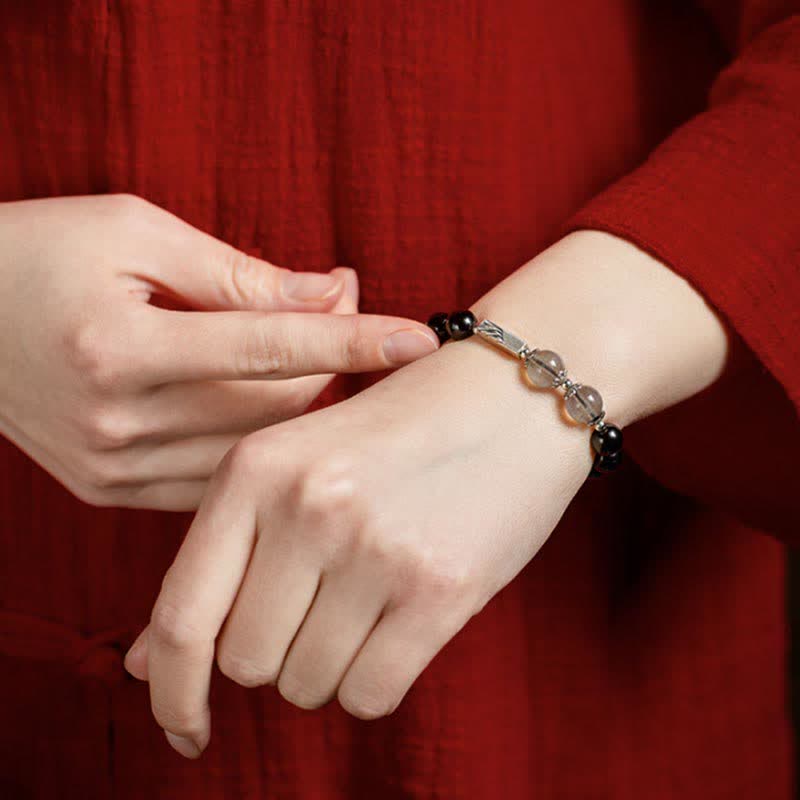 Fortune Jewel 925 Sterling Silver Obsidian Moonstone Strength Couple Bracelet