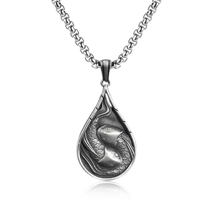 Fortune Jewel Double Lucky Koi Fish Prosperity Pure Tin Water Drop Pattern Necklace Pendant