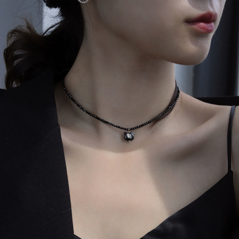 Fortune Jewel Black Spinel Cute Cat Motivate Choker Necklace