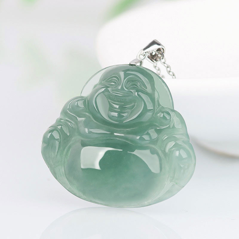Fortune Jewel Laughing Buddha Jade Protection Calm Titanium Steel Chain Necklace Pendant Fortune Jewel