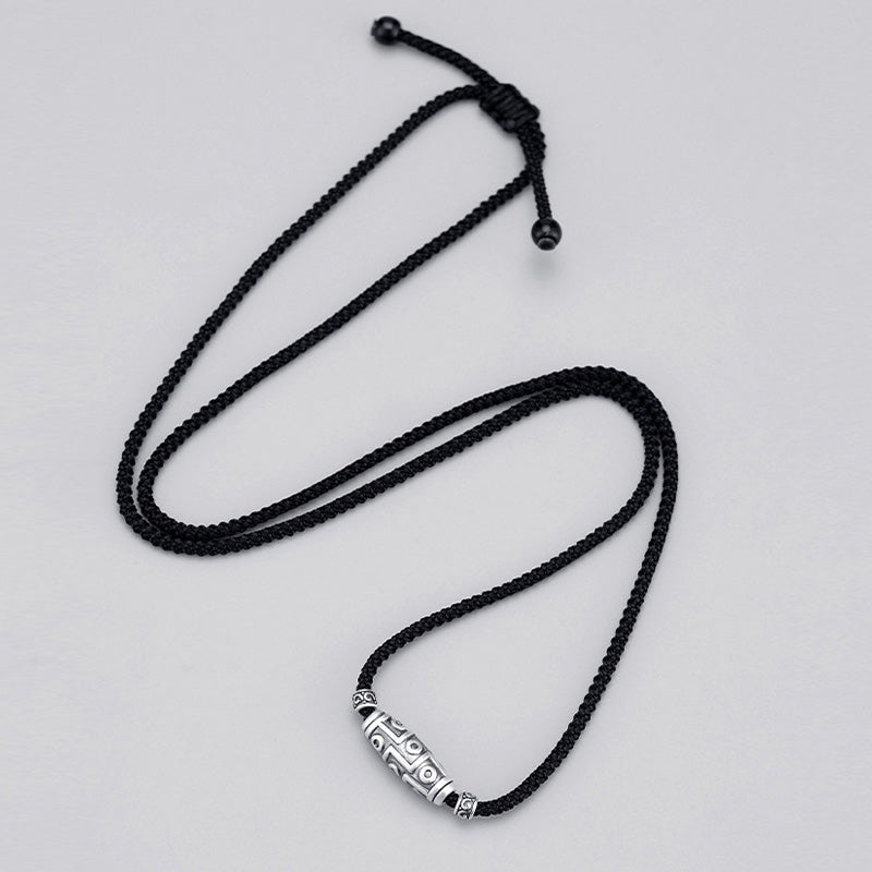 Fortune Jewel 999 Sterling Silver Nine-Eye Dzi Bead Pattern Protection Rope Necklace Pendant