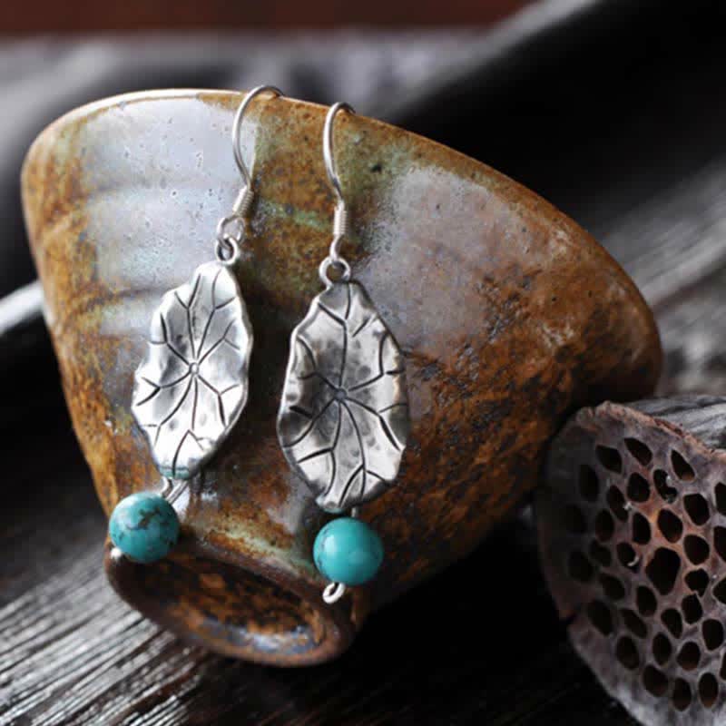 Fortune Jewel 925 Sterling Silver Turquoise Lotus Leaf Protection Drop Dangle Earrings