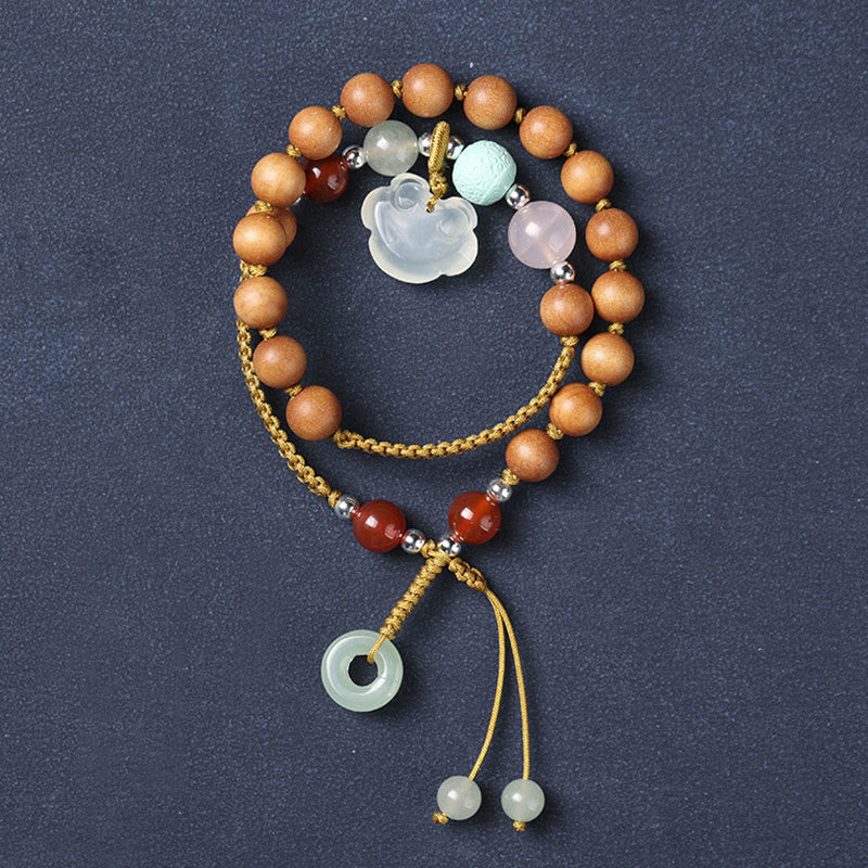 Fortune Jewel Green Sandalwood Chalcedony Peace Buckle Charm Soothing Double Wrap Bracelet