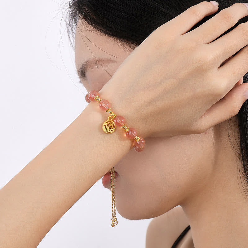 Fortune Jewel 14K Gold Plated Natural Strawberry Quartz Fu Character Positive Charm Bracelet
