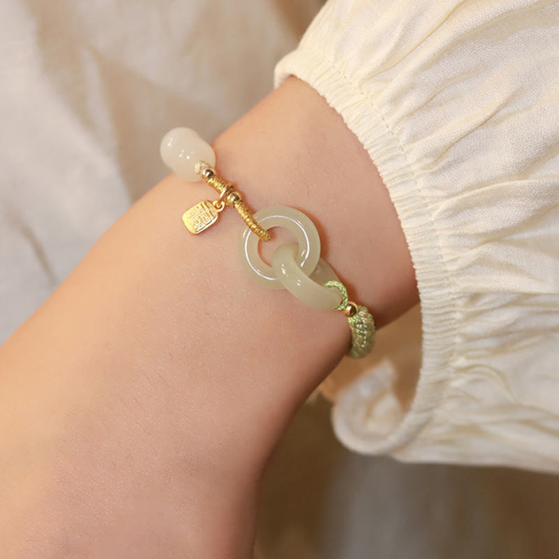 Fortune Jewel Natural Hetian Jade Bead Double Peace Buckle Fu Character Abundance Braided Bracelet