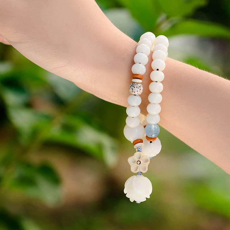 Fortune Jewel Tibetan White Jade Bodhi Lotus Blessing Bracelet Fortune Jewel