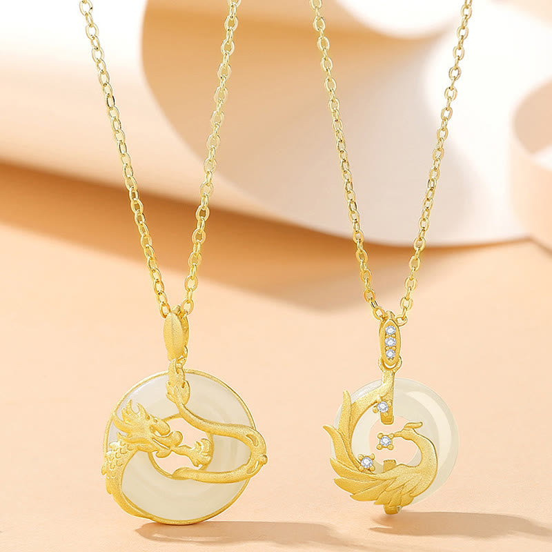 Fortune Jewel 925 Sterling Silver Year of the Dragon Hetian Jade Golden Dragon Phoenix Peace Buckle Luck Necklace Pendant