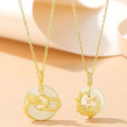 Fortune Jewel 925 Sterling Silver Year of the Dragon Hetian Jade Golden Dragon Phoenix Peace Buckle Luck Necklace Pendant