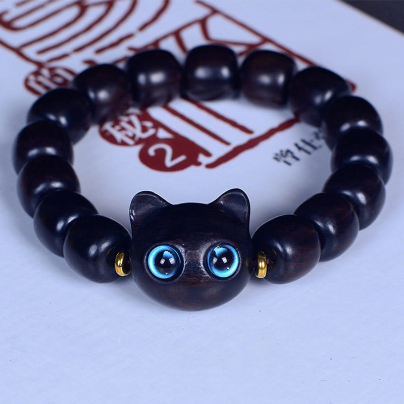 Fortune Jewel Ebony Wood Liuli Glass Lovely Cat Peace Balance Bracelet