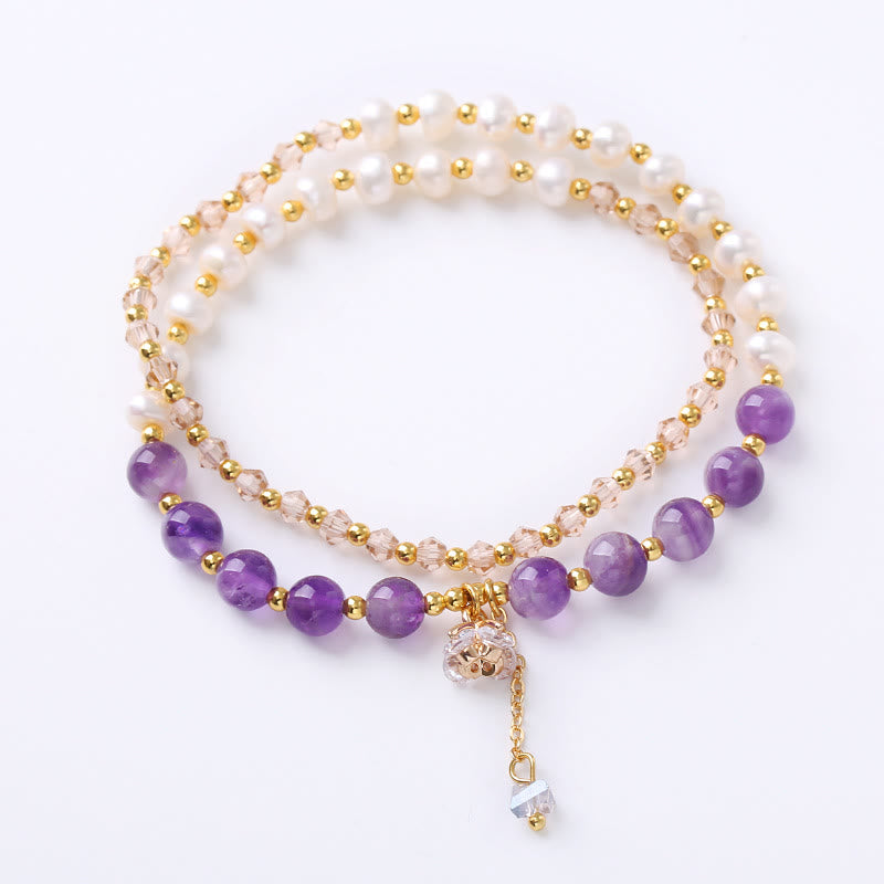 Fortune Jewel Natural Amethyst Aquamarine Strawberry Quartz Pearl Peace Healing Double Wrap Bracelet