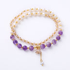 Fortune Jewel Natural Amethyst Aquamarine Strawberry Quartz Pearl Peace Healing Double Wrap Bracelet