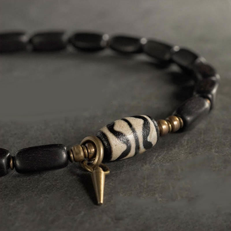 Fortune Jewel Tibet Ebony Wood Dzi Bead Copper Balance Double Wrap Bracelet