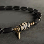Fortune Jewel Tibet Ebony Wood Dzi Bead Copper Balance Double Wrap Bracelet