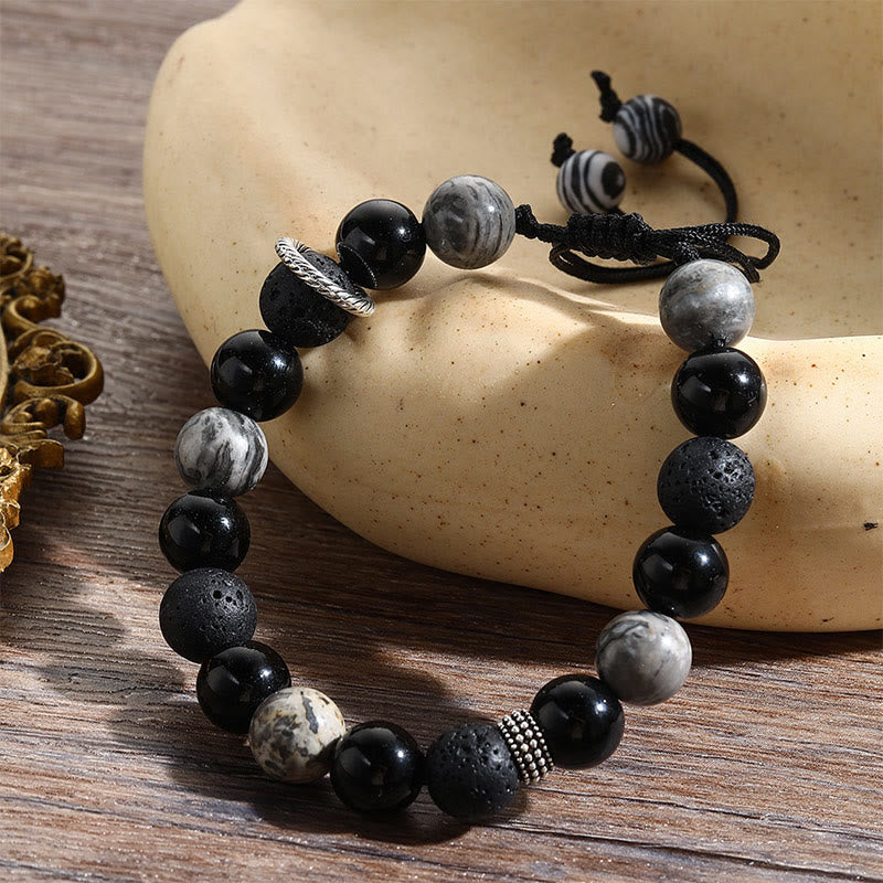Fortune Jewel Vintage Lava Rock Black Obsidian Picasso Jasper Beads Support Rope Bracelet